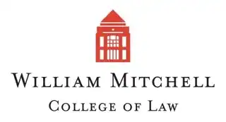 Elegant logo featuring a red gavel icon and the text "William Mitchell College of Law" showcasing a professional legal education institution.